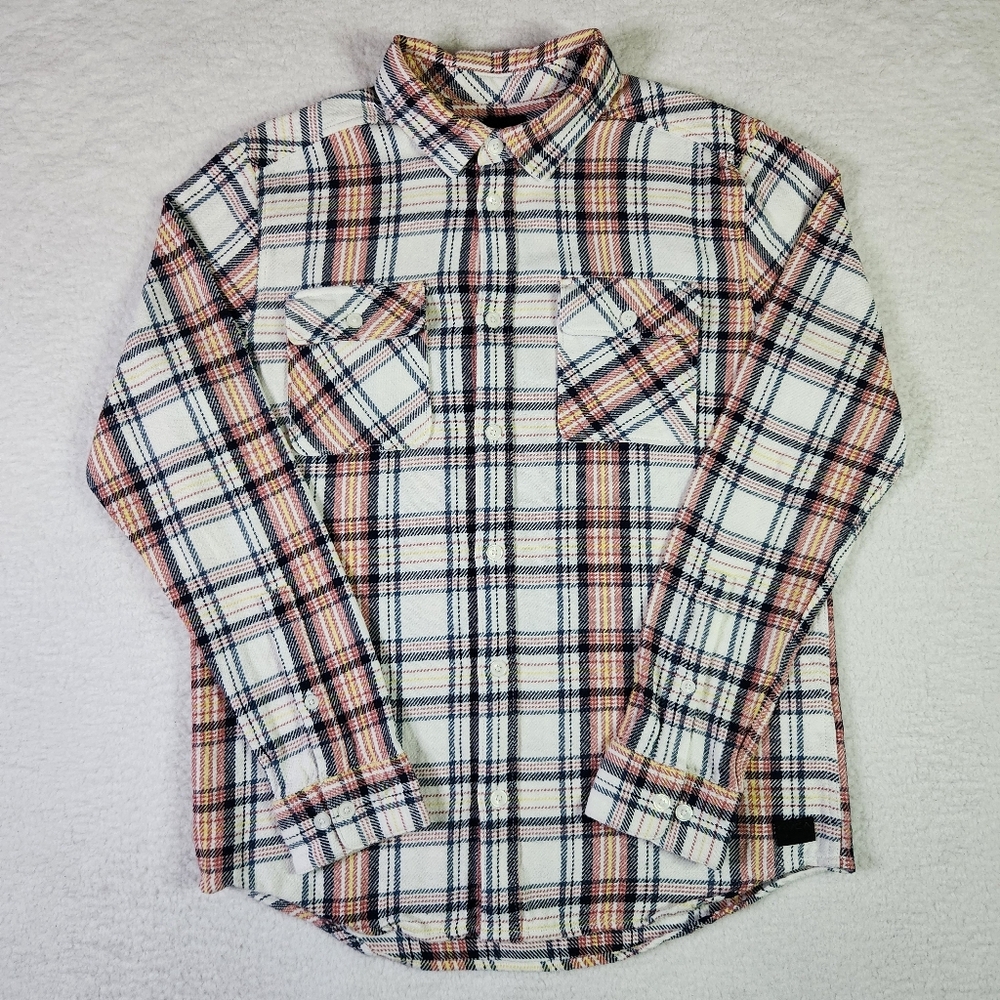 RVCA Plaid Flannel Shirt Mens Medium White Orange Button-Up Long Sleeve Outdoors